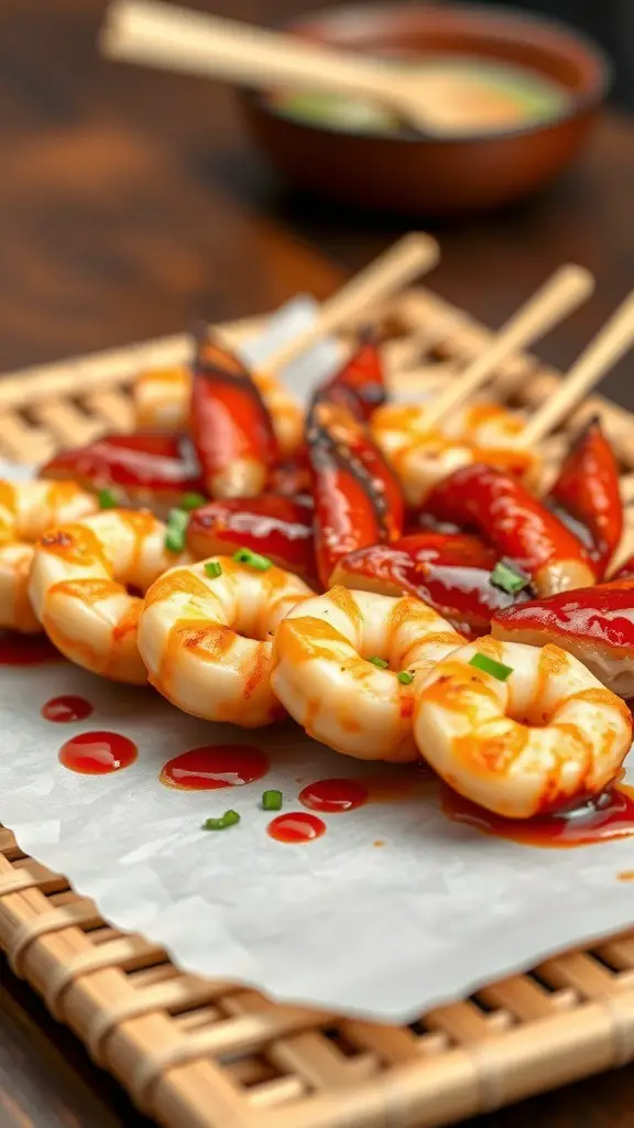 A plate of sweet and spicy shrimp skewers with red chili peppers, garnished with green onions.