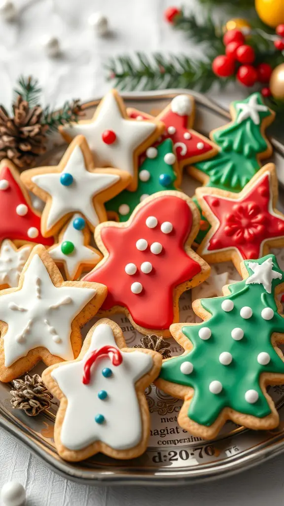 A festive platter filled with decorated Christmas cookies in various shapes like stars, trees, and snowmen.