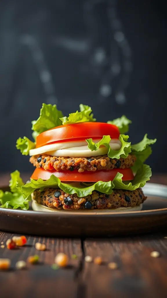A delicious quinoa and black bean burger stacked with lettuce, tomato, and sauce on a plate.