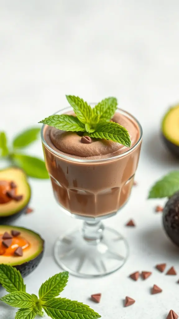 A glass of avocado chocolate mousse topped with mint leaves, surrounded by avocado halves and chocolate chips.