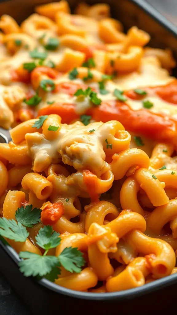 A delicious Spicy Buffalo Chicken Macaroni Bake topped with melted cheese and fresh cilantro.