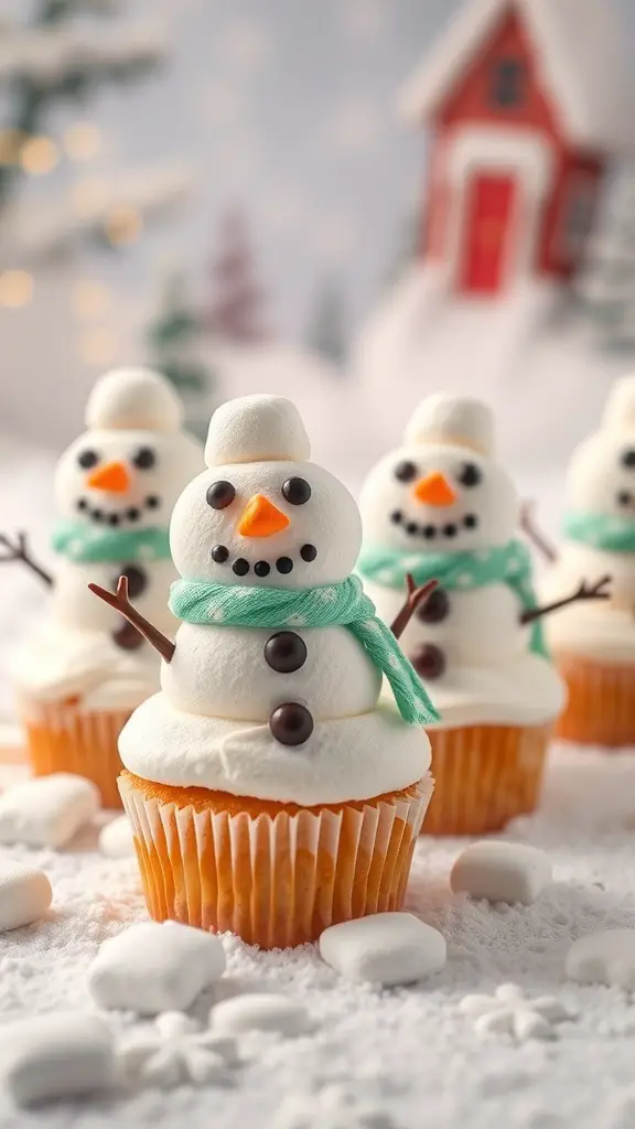 A festive display of snowman cupcakes with marshmallow heads, orange candy noses, and colorful scarves.