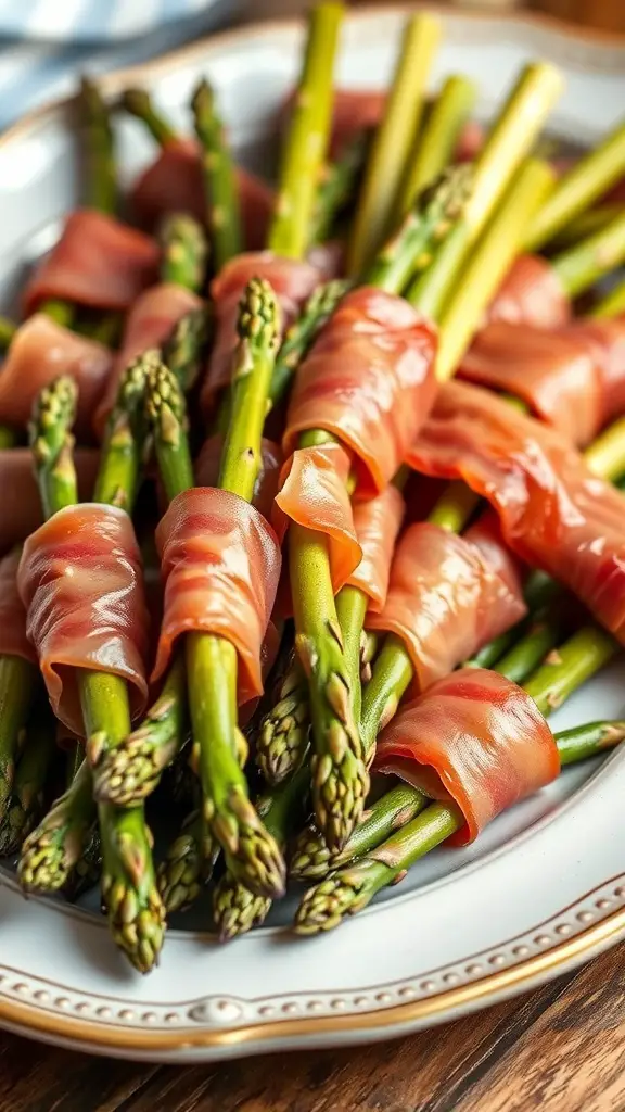 A plate of prosciutto-wrapped asparagus arranged neatly.