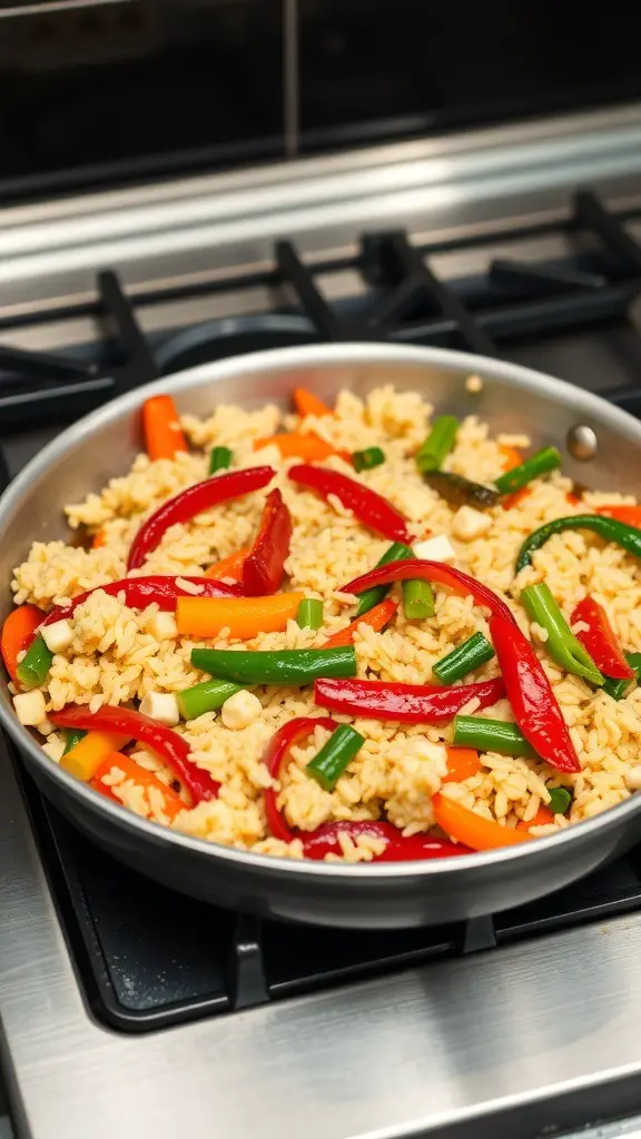 A colorful cauliflower rice stir-fry with various vegetables in a pan.