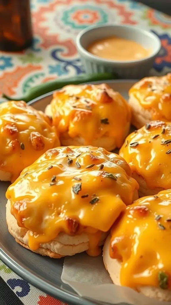 A plate of spicy jalapeño cheddar biscuits topped with melted cheese, served with a dipping sauce.