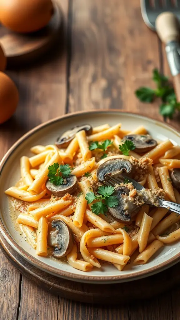 A plate of turkey tetrazzini with mushrooms, garnished with parsley, served on a wooden table.