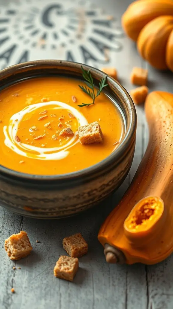 A bowl of creamy butternut squash soup topped with croutons and a swirl of cream, with a butternut squash beside it.