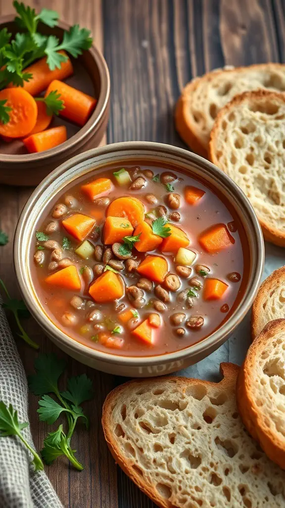 A bowl of lentil soup with carrots and celery, served with slices of bread.