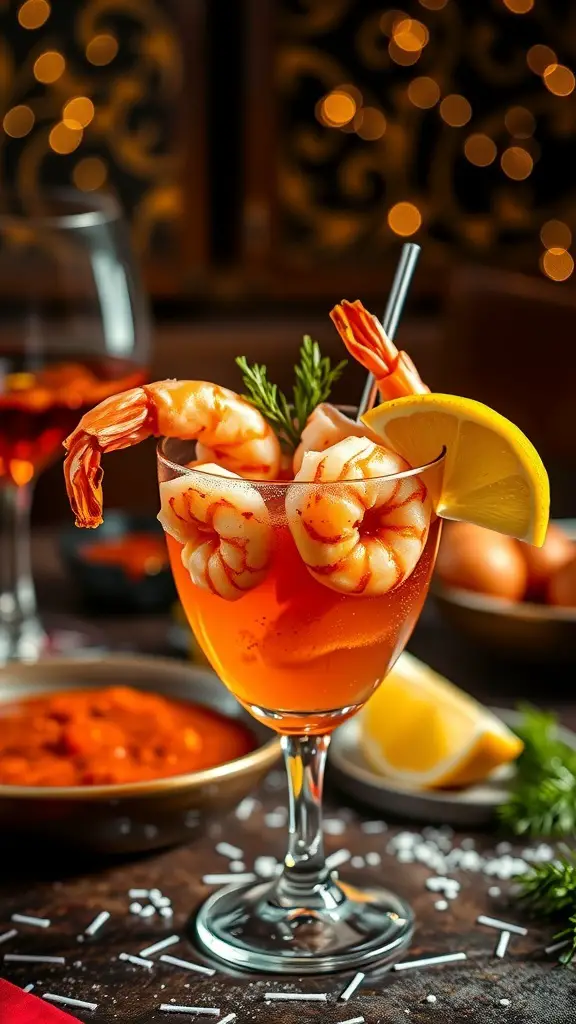 A glass of spicy shrimp cocktail with shrimp, lemon, and cocktail sauce.