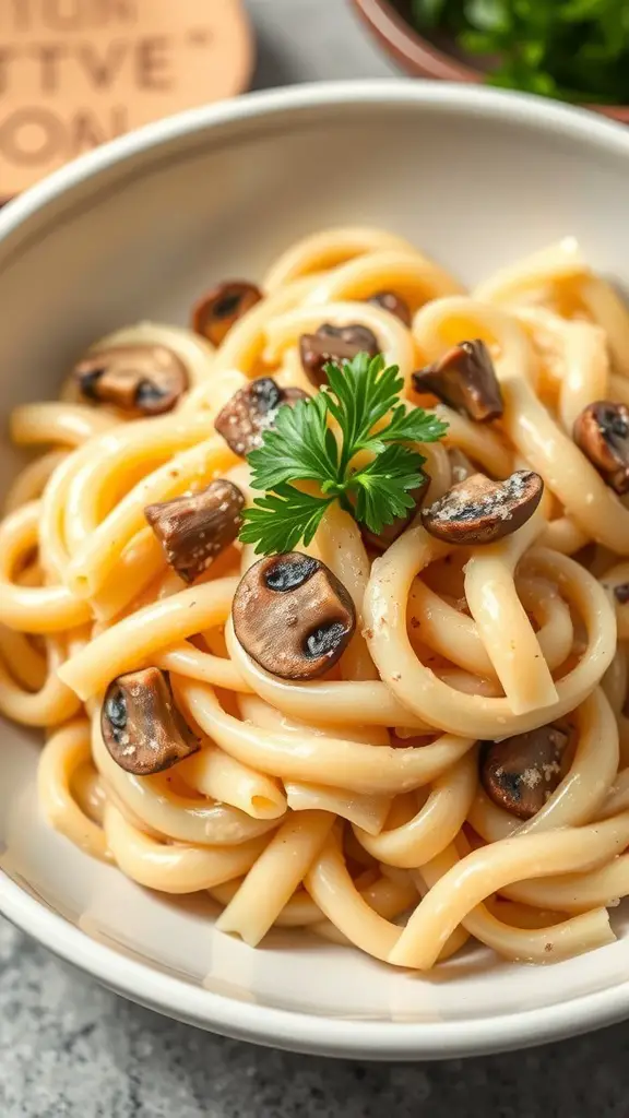 A bowl of Mushroom Alfredo Rotini pasta with sliced mushrooms and parsley on top.