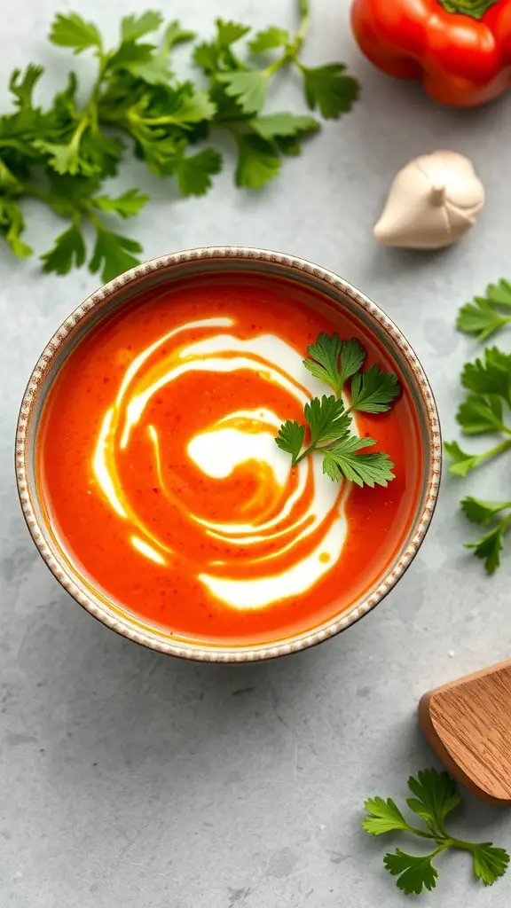 A bowl of zesty roasted red pepper soup garnished with cream and fresh herbs, surrounded by red peppers and garlic.