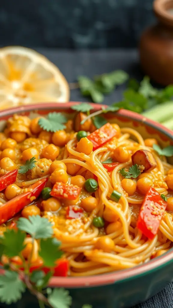 A colorful bowl of curry noodle casserole with chickpeas, red peppers, and fresh herbs.