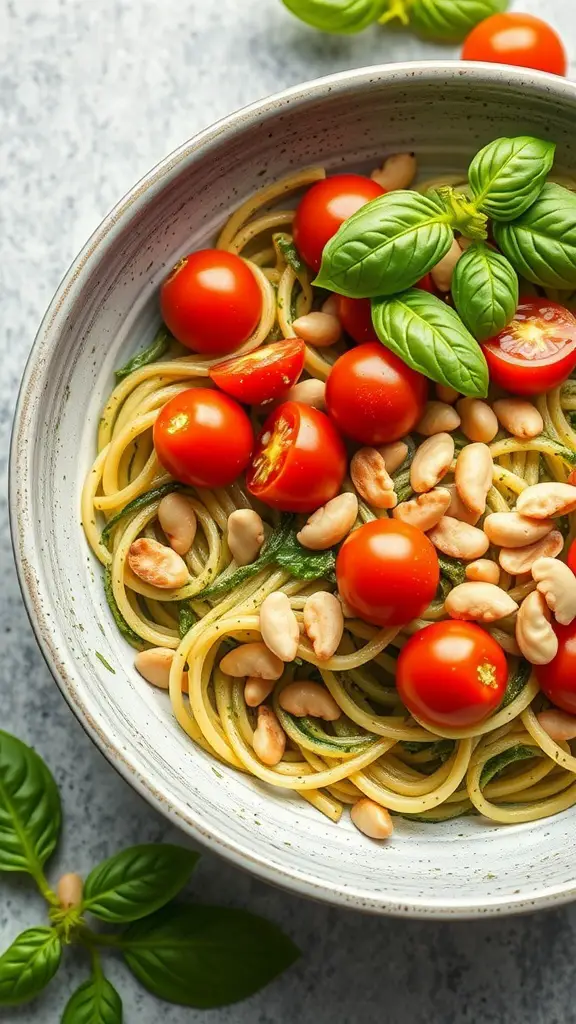 A bowl of pesto zucchini noodles topped with cherry tomatoes and pine nuts