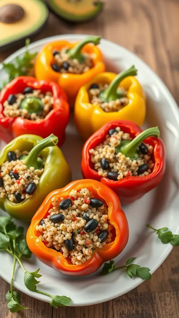 Colorful stuffed bell peppers filled with quinoa and black beans on a white plate.