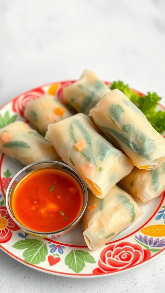 A plate of vegetable spring rolls with a side of dipping sauce