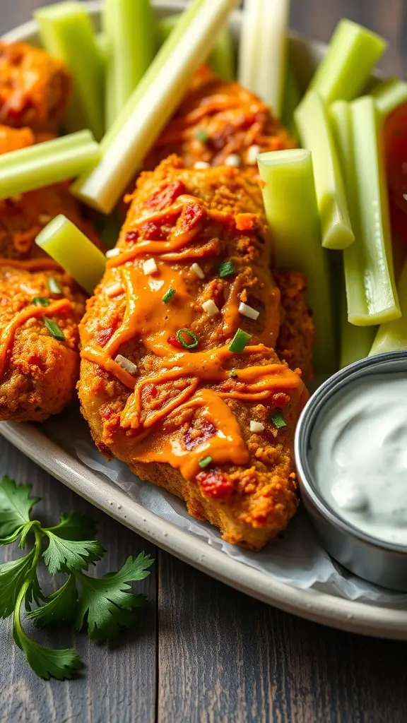 Buffalo baked chicken tenderloins served with celery sticks and ranch dressing