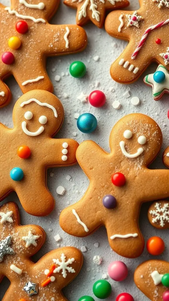 A collection of decorated gingerbread men cookies with colorful candies and icing.