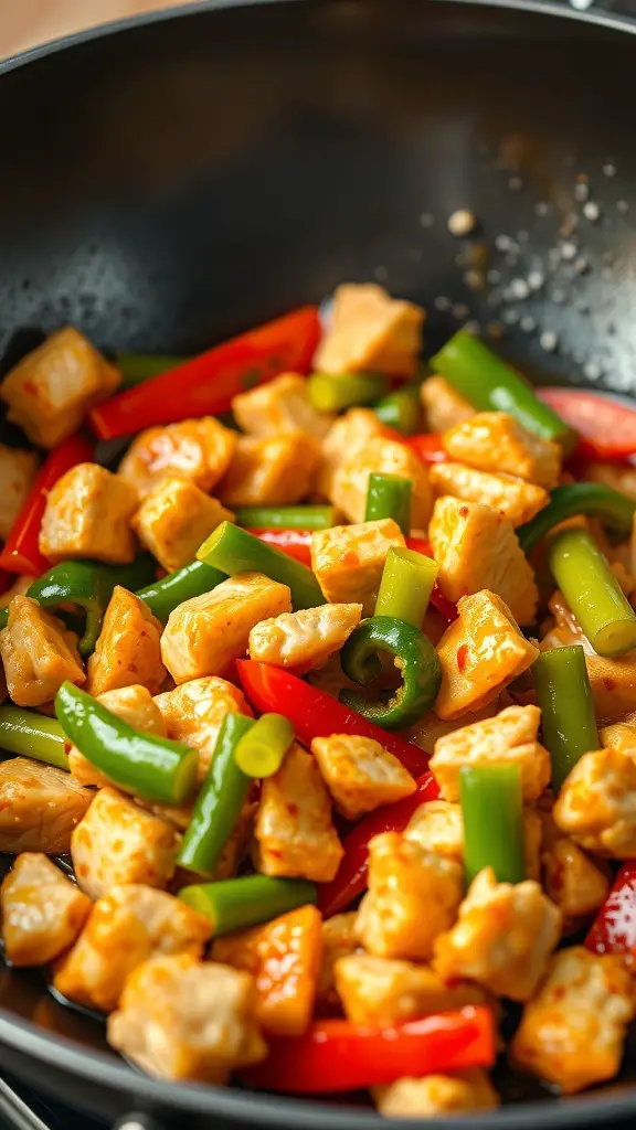 A colorful stir-fry with diced chicken breast and various vegetables in a wok.