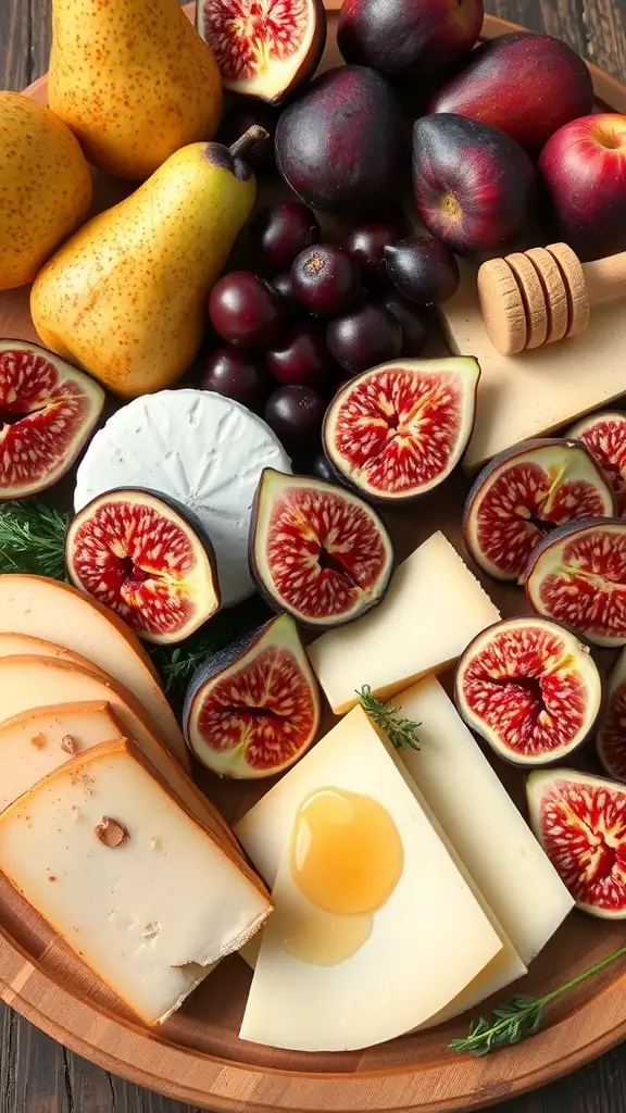 A beautifully arranged charcuterie board featuring figs, pears, grapes, and various cheeses.