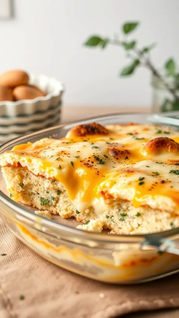 A delicious biscuit breakfast strata with melted cheese and herbs, served in a glass baking dish.