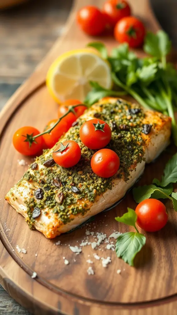 A beautifully presented pesto baked salmon fillet topped with cherry tomatoes and fresh herbs on a wooden platter.