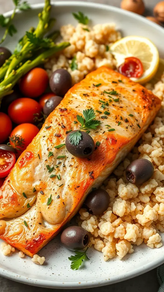 Mediterranean baked salmon with vegetables and grains