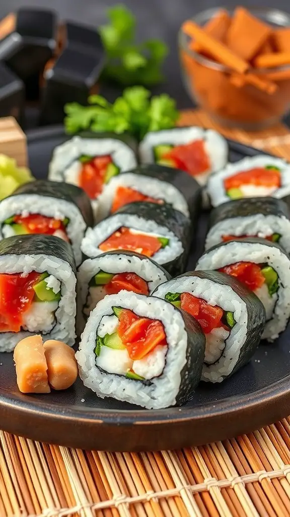 A plate of spicy tuna sushi rolls with cucumber, served with wasabi and pickled ginger.