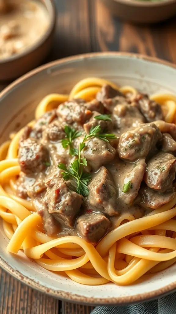 A plate of Beef Stroganoff with egg noodles, garnished with parsley.