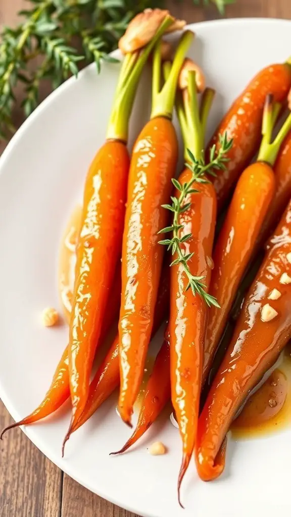 Maple glazed carrots with thyme on a white plate