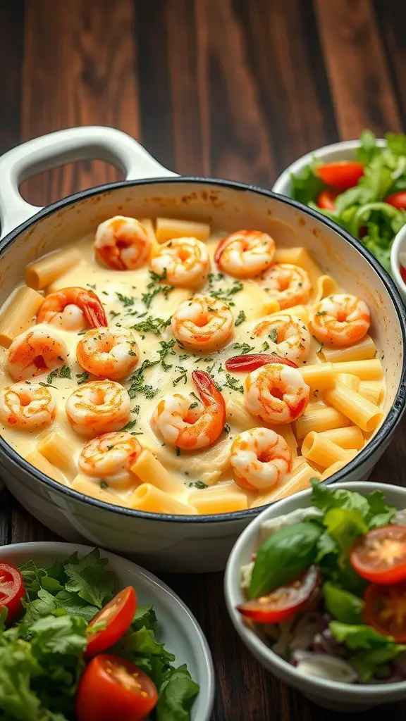A delicious Shrimp Alfredo Pasta Bake with shrimp on top, surrounded by fresh salads.