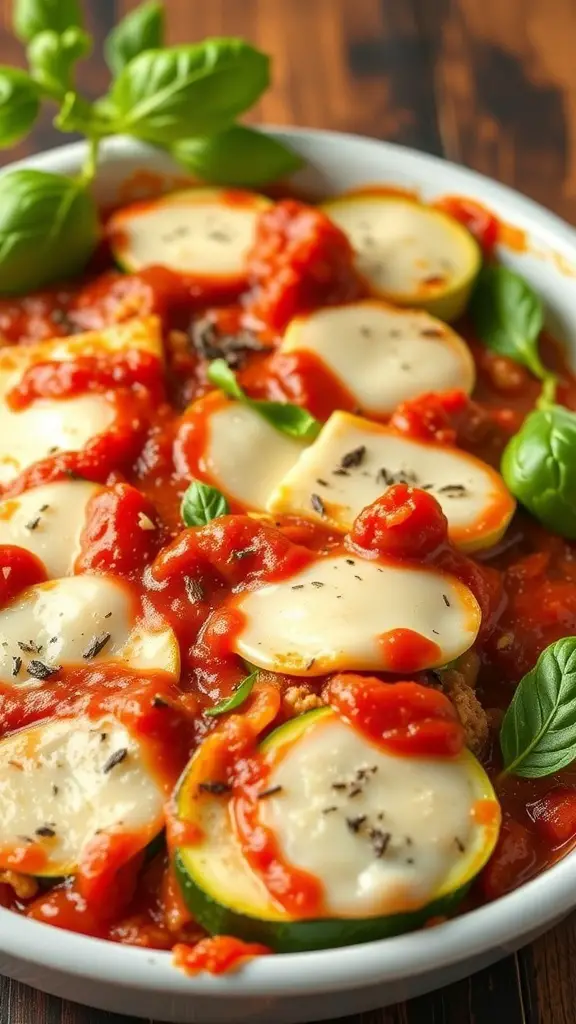 A delicious Italian Turkey Zucchini Bake topped with melted cheese and fresh basil.