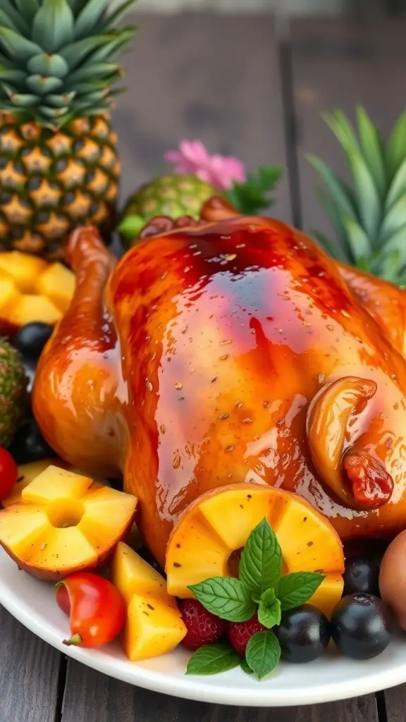 A beautifully glazed pineapple teriyaki turkey surrounded by colorful fruits.