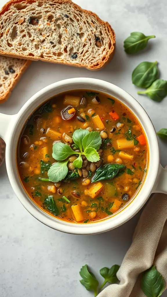 A bowl of lentil soup with spinach, garnished with fresh herbs, accompanied by slices of whole grain bread.