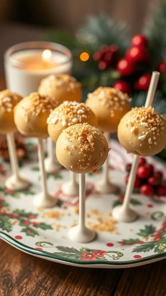 Eggnog cake pops dusted with nutmeg on a festive plate