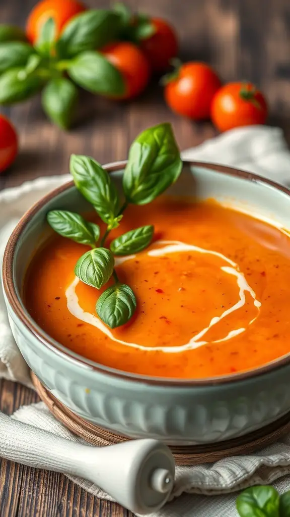 A bowl of creamy tomato basil soup garnished with basil leaves, surrounded by fresh tomatoes.
