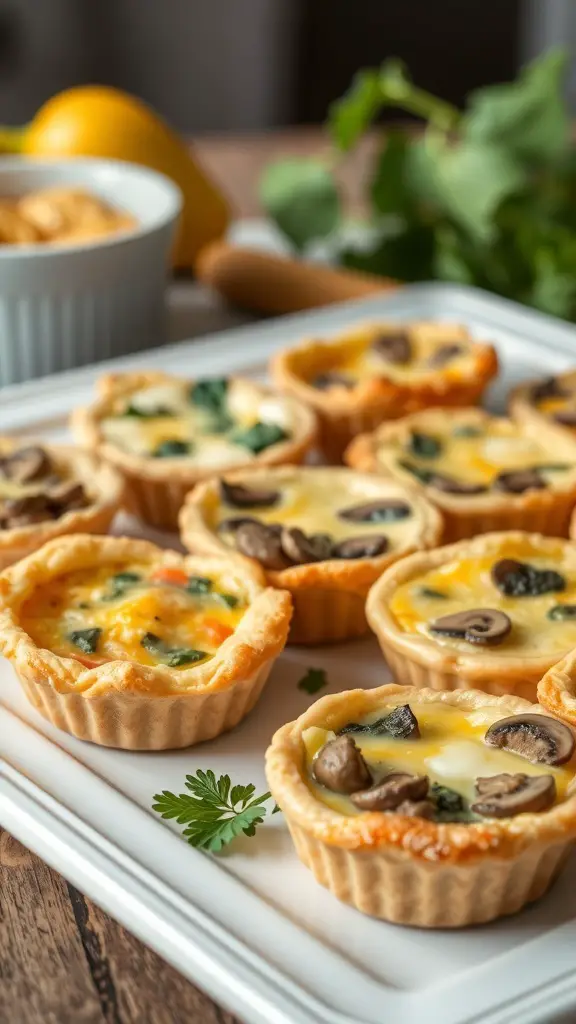 A platter of mini quiches with various fillings, including spinach, mushrooms, and cheese, on a wooden table.