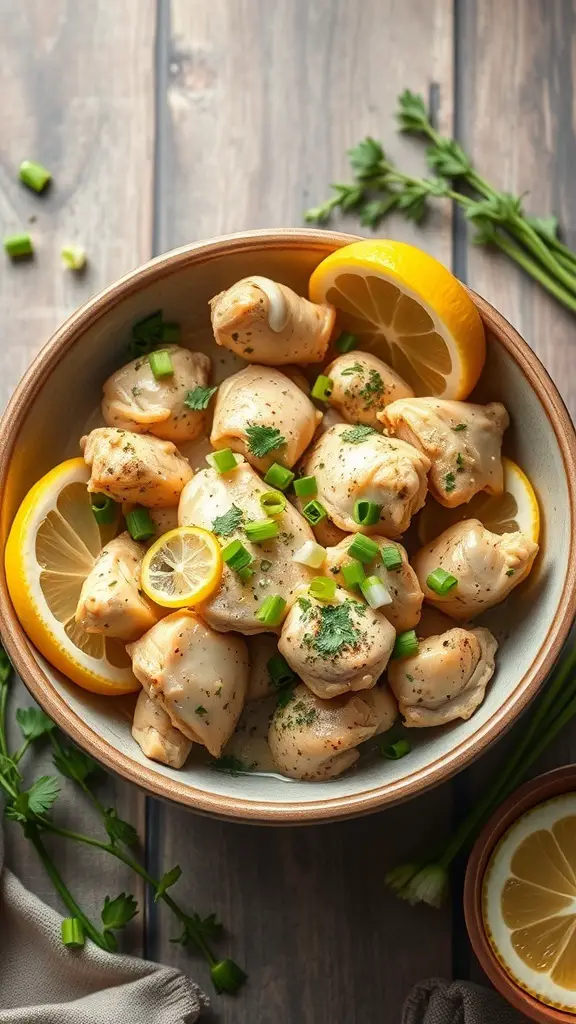 Bowl of Zesty Lemon Herb Chicken with lemon slices and green herbs