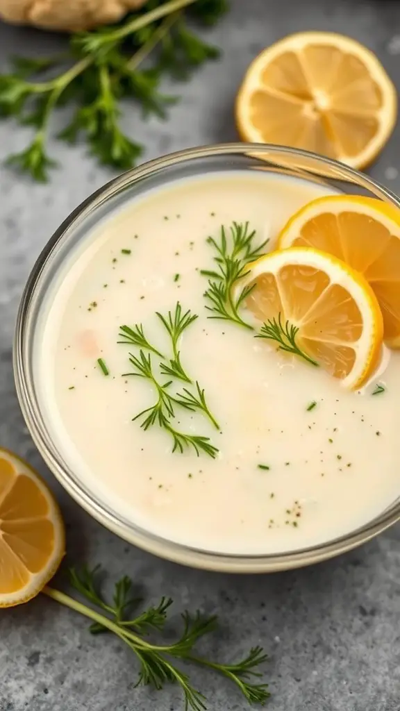 A bowl of creamy cauliflower soup garnished with lemon slices and dill.
