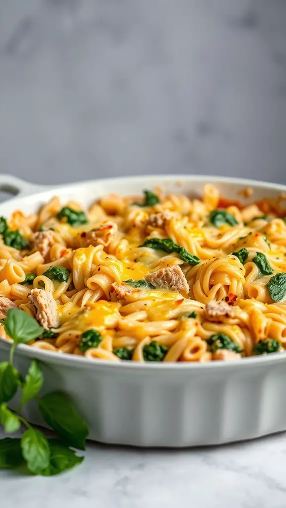 A delicious turkey and spinach pasta bake topped with melted cheese.