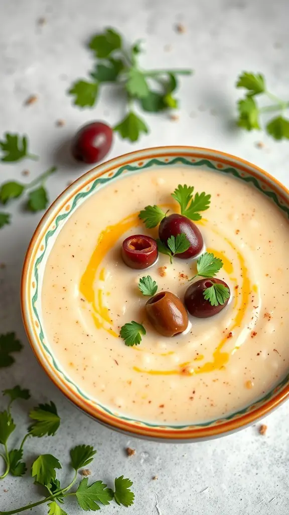 A bowl of creamy Mediterranean cauliflower soup topped with olives and fresh herbs.