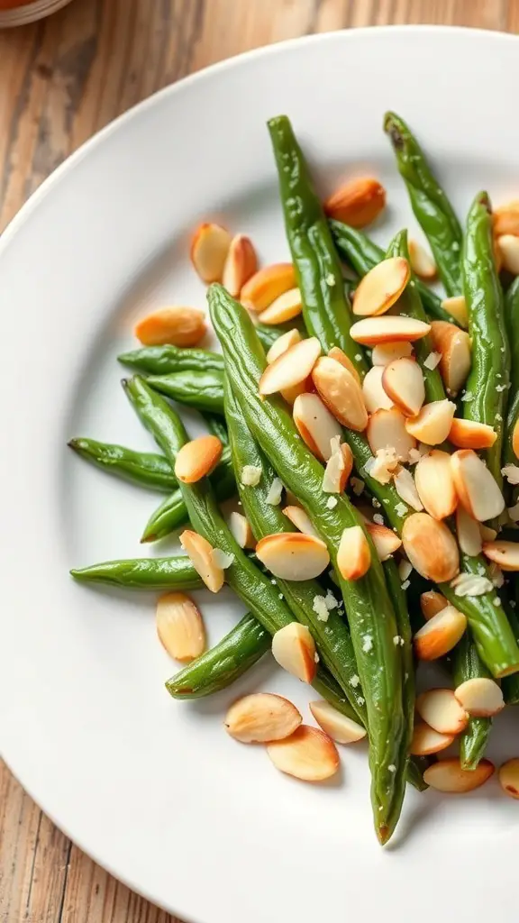 A plate of green beans almondine with sliced almonds on top.