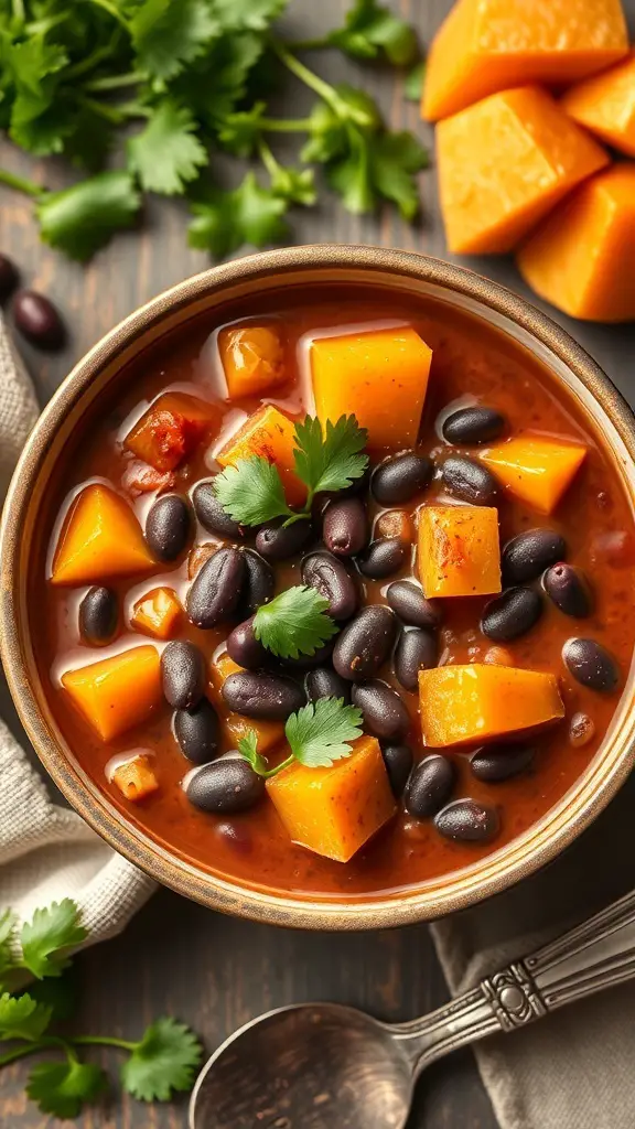 A bowl of butternut squash and black bean chili topped with cilantro, surrounded by fresh cilantro and diced squash.