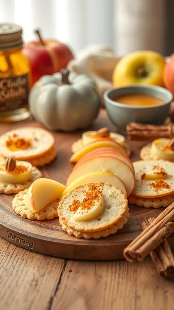 A platter of apple cinnamon club cracker snacks with fresh apple slices and cinnamon.