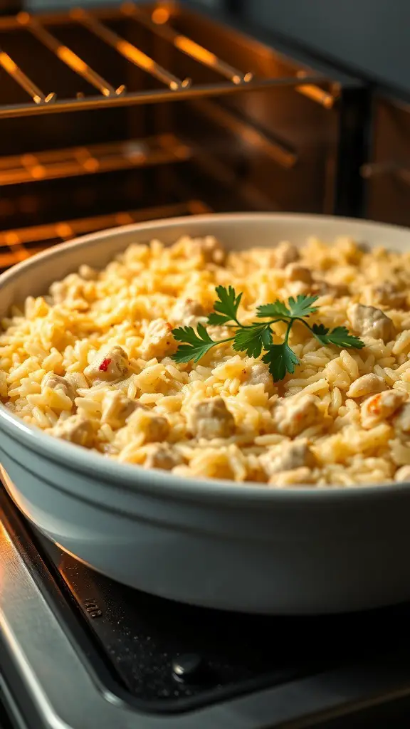 Creamy turkey and rice casserole in a baking dish, topped with parsley, in an oven.