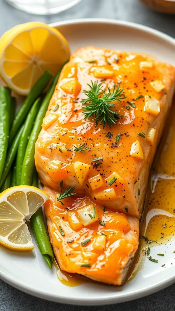 Honey mustard glazed salmon with green beans and lemon slices on a plate.