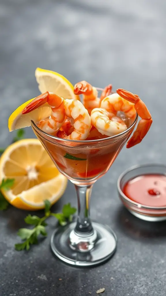 A glass of shrimp cocktail with lemon wedges and cocktail sauce