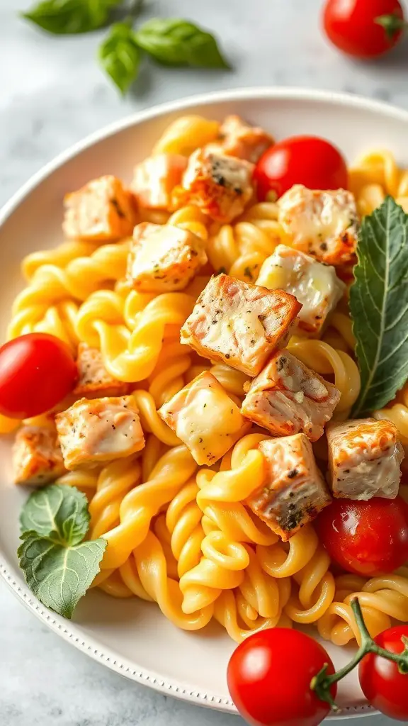 A plate of salmon pasta salad with cherry tomatoes and fresh herbs.