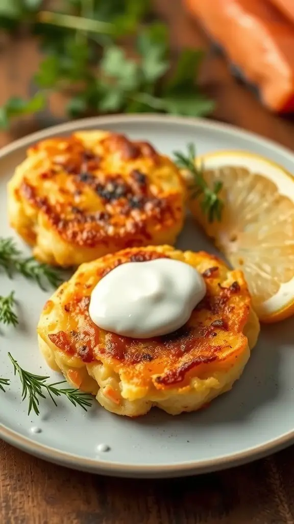 Two golden-brown salmon and potato cakes on a plate, garnished with sour cream and lemon slices.
