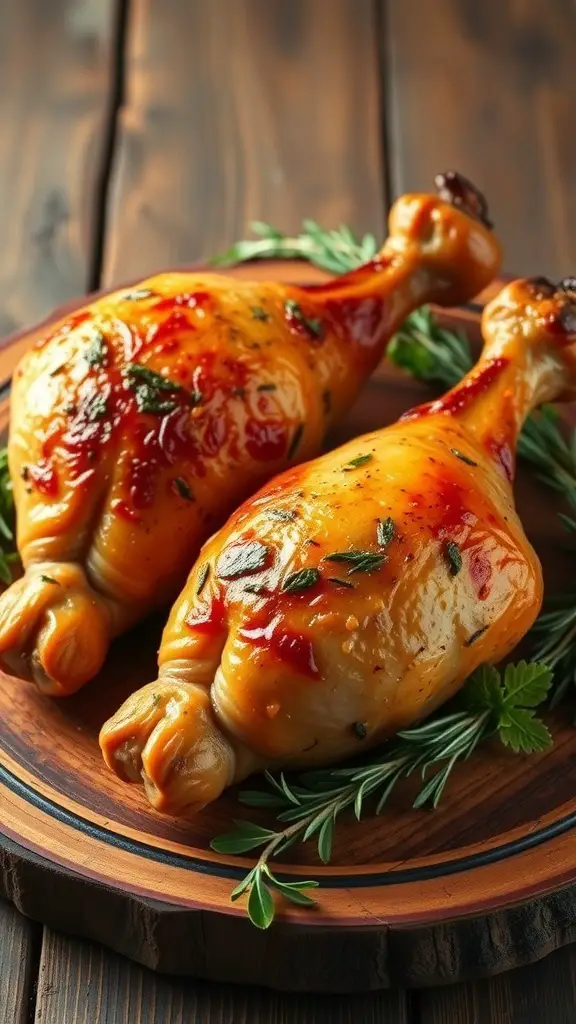 Savory herb roasted turkey legs on a wooden plate with fresh herbs.