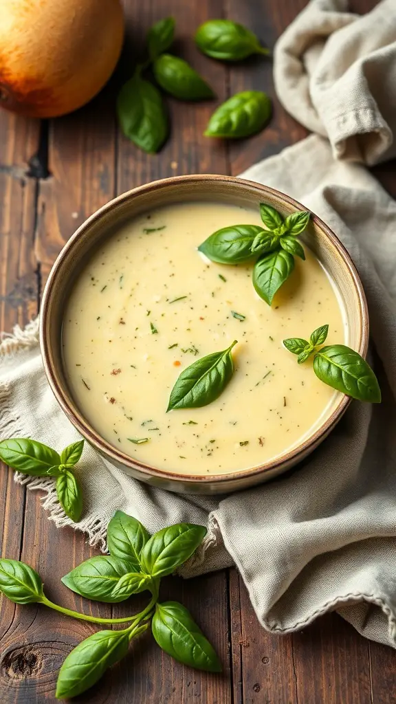 A bowl of creamy zucchini and basil soup garnished with fresh basil leaves, placed on a wooden table.